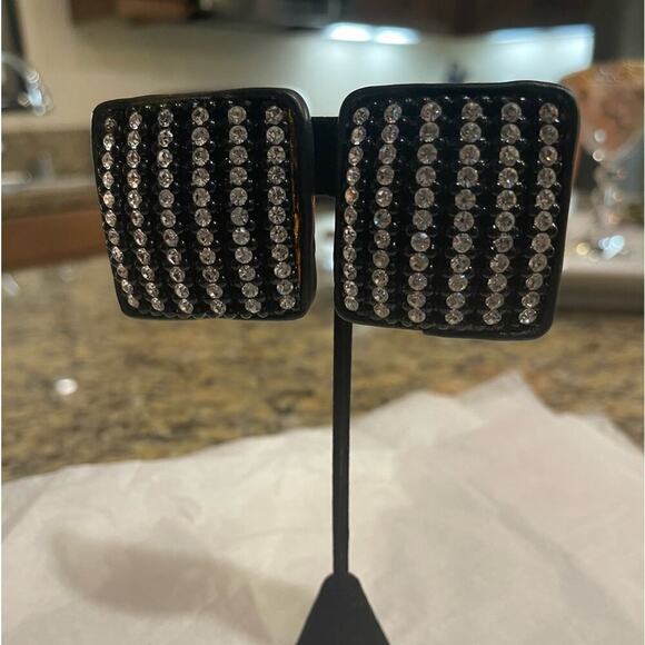 Earrings Jose BARRA Blk & Crystal earrings square clip light weight - Picture 2 of 3